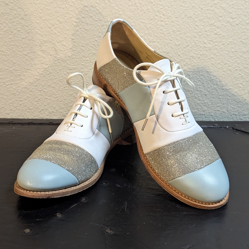 The Office of Angela Scott Mr Smith Shoes, Sky blue/white/silver stripes, W 10